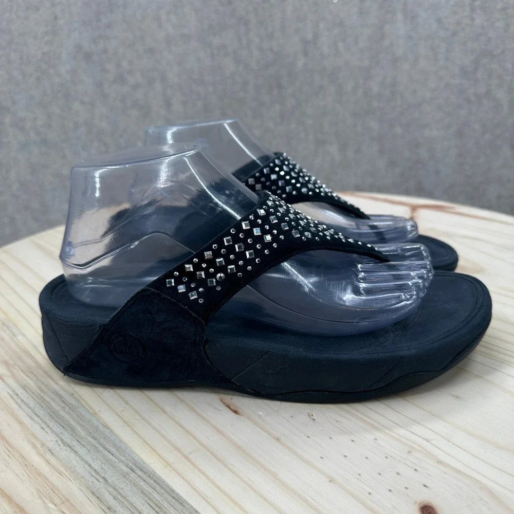 FitFlop Novy Sandals Womens 8 Black Crystal Embellished Suede Platform Flip Flop
